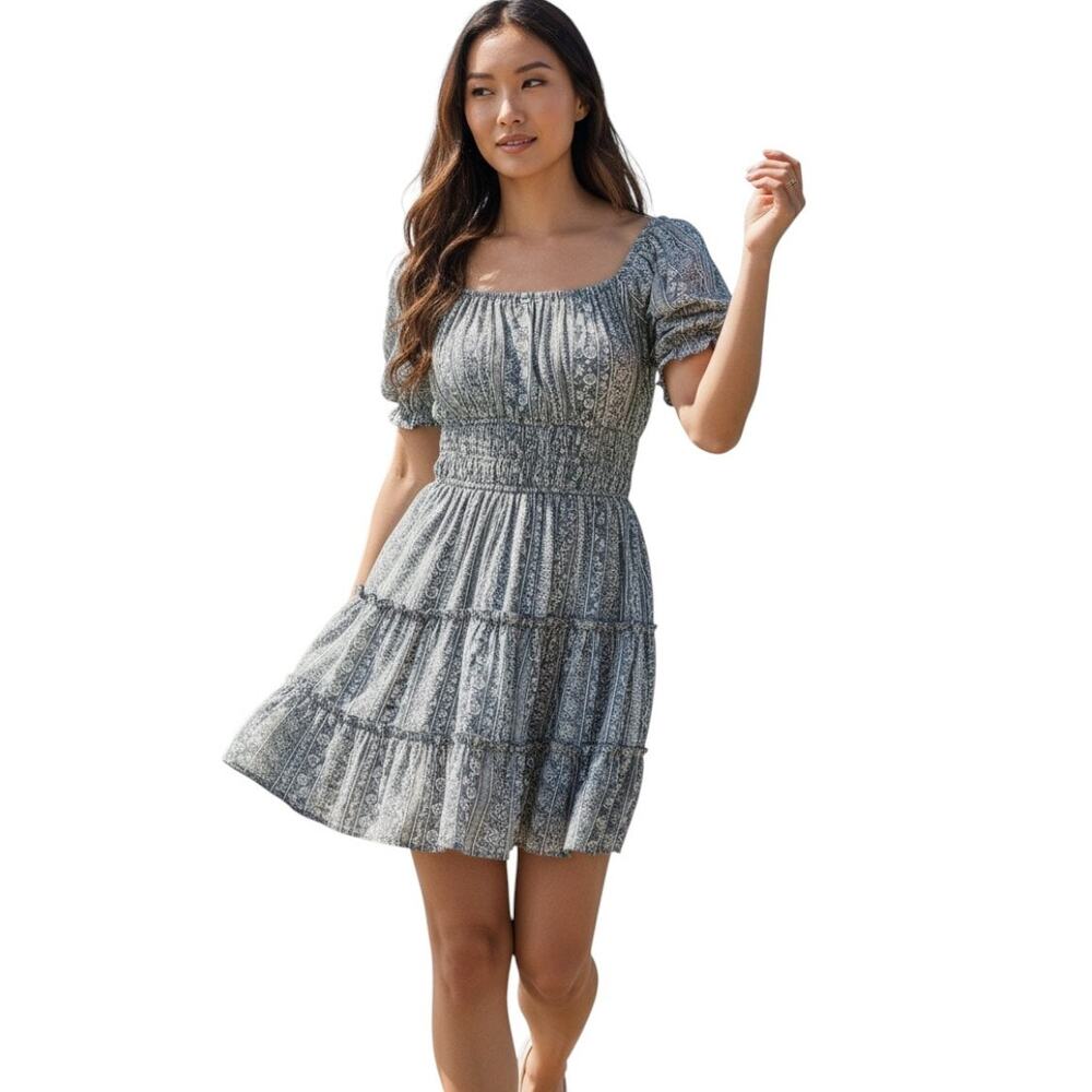 Streetwear Society Sage Green Paisley Tiered Mini Dress, Size S